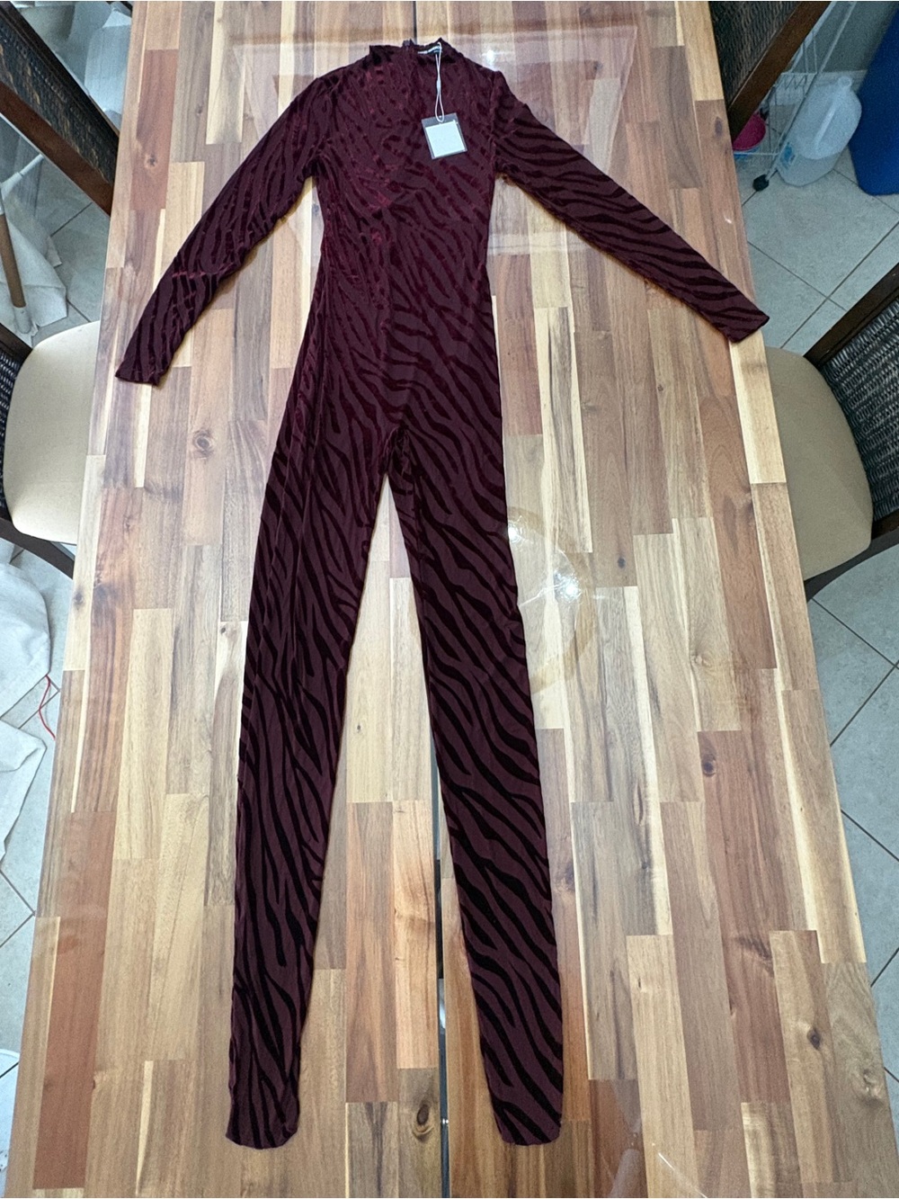 NWT Sz M Naked Wardrobe Burnout Closed Toe Jumpsuit Zebra in Dark Plum Burgundy - Picture 4 of 14